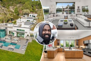 Split images of Kanye West's new Beverly Hills mansion with an inset of Kanye West in 2022.