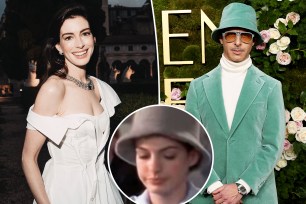 A split of Anne Hathaway and Jeremy Strong at the 2025 Golden Globes and an inset of Hathaway from "The Princess Diaries"