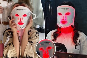 Kaley Cuoco and Lily Collins wearing LED face masks