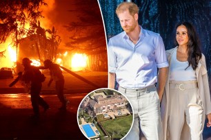 The California wildfires split with Prince Harry and Meghan Markle with an inset of their Montecito, Calif., home.