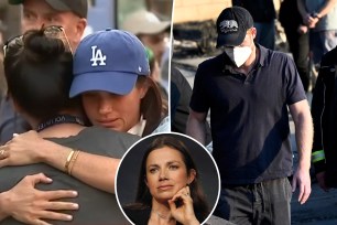 split image of Meghan Markle, Prince Harry, and Justine Bateman