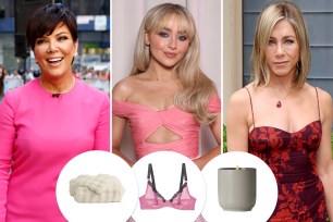 Kris Jenner, Sabrina Carpenter and Jenifer Aniston with insets of a blanket, bra and candle