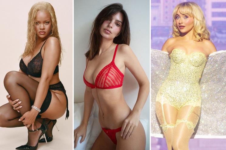 A split image of Rihanna, Emily Ratajkowski and Sabrina Carpenter wearing lingerie