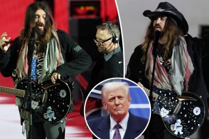 Billy Rae Cyrus performing at the Liberty Inaugural Ball with an inset of Donald Trump on Jan. 20.