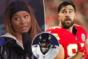 Kayla Nicole split image with Travis Kelce inset with Mark Andrews.