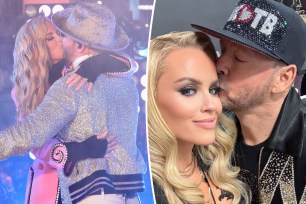 Split images of Donnie Wahlberg and Jenny McCarthy showing PDA.