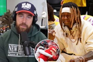 Travis Kelce split with Lil Wayne with an inset of Kelce playing against the Houston Texans Jan. 18.