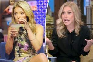 Kelly Ripa talking and drinking