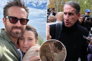 Blake Lively and Ryan Reynolds split image with Bryan Freeman, inset from "It Ends With Us."