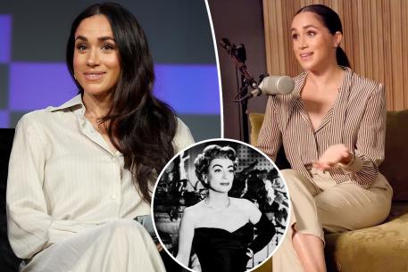 Split images of Meghan Markle with an inset of Joan Crawford in "Queen Bee."