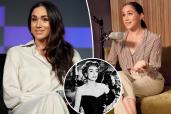 Split images of Meghan Markle with an inset of Joan Crawford in "Queen Bee."