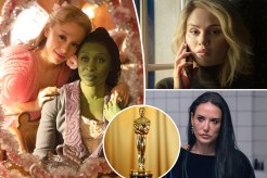 Stills from "Wicked" "Emilia Perez" and "The Substance" with an inset of an Oscar trophy