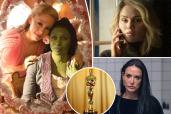 Stills from "Wicked" "Emilia Perez" and "The Substance" with an inset of an Oscar trophy