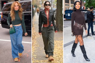 A split image of Jennifer Lopez, Emily Ratajkowski and Gabrielle Union wearing boots