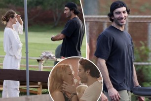 Justin Baldoni and Emily Baldoni with Blake Lively inset