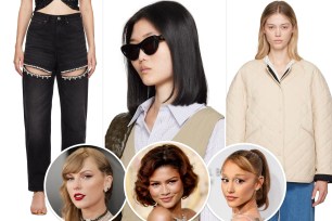 A photo split of items from the Ssense sale and insets of Taylor Swift, Zendaya and Ariana Grande